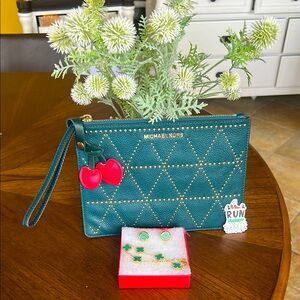 Michael Kors Green Wristlet bundle with jewelry, pursecharm, jewelry and sticker